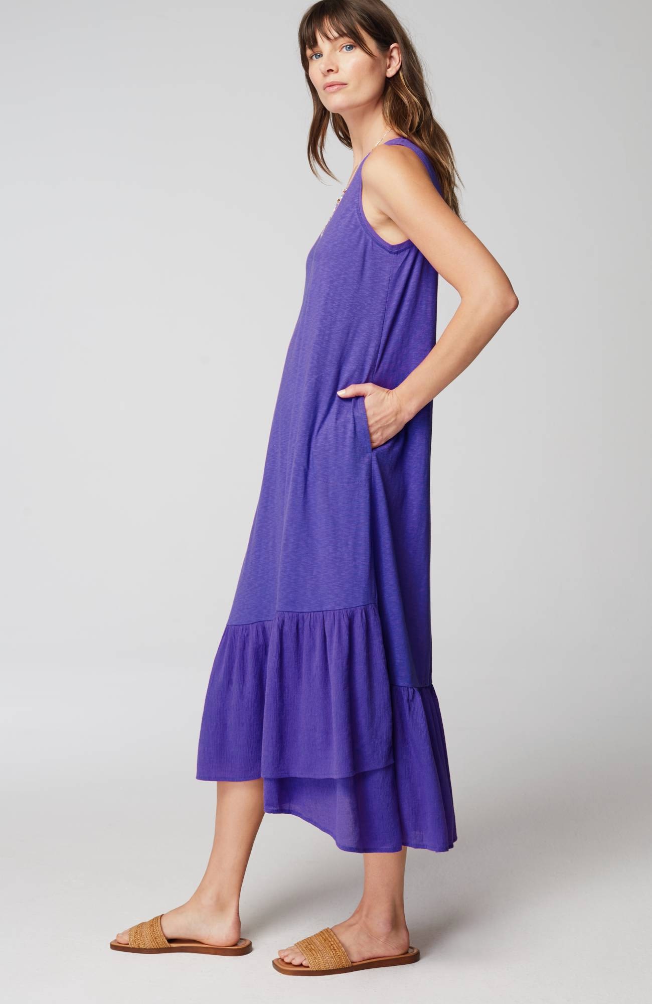 Mixed-Media Flounced-Hem Knit Dress