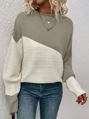 Womens Elegant Color Block Funnel Neck Pullover Sweater - Soft High Elasticity Acrylic Knit Fabric, Long Sleeve Drop Shoulder Design, Easy Care Hand Wash or Dry Clean, Perfect for Fall and Winter
