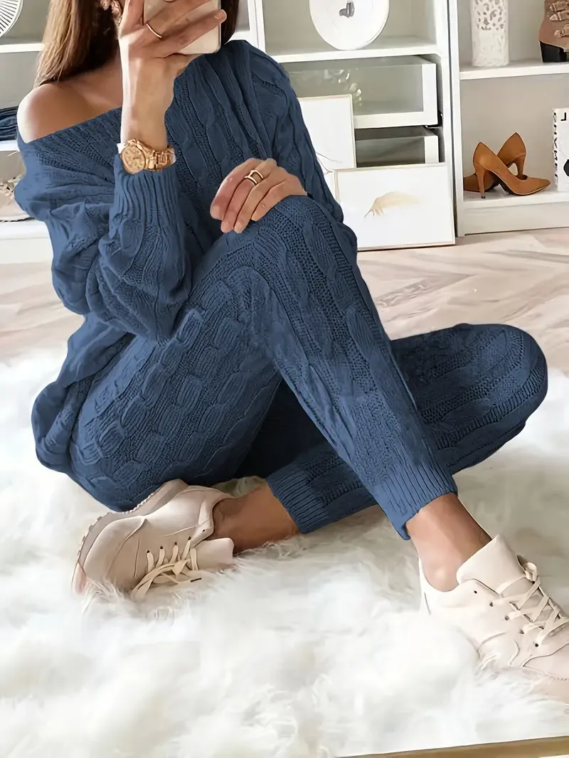 Solid Knitted Matching Two-piece Set, Casual Long Sleeve Sweater & Pants Outfits, Women's Clothing