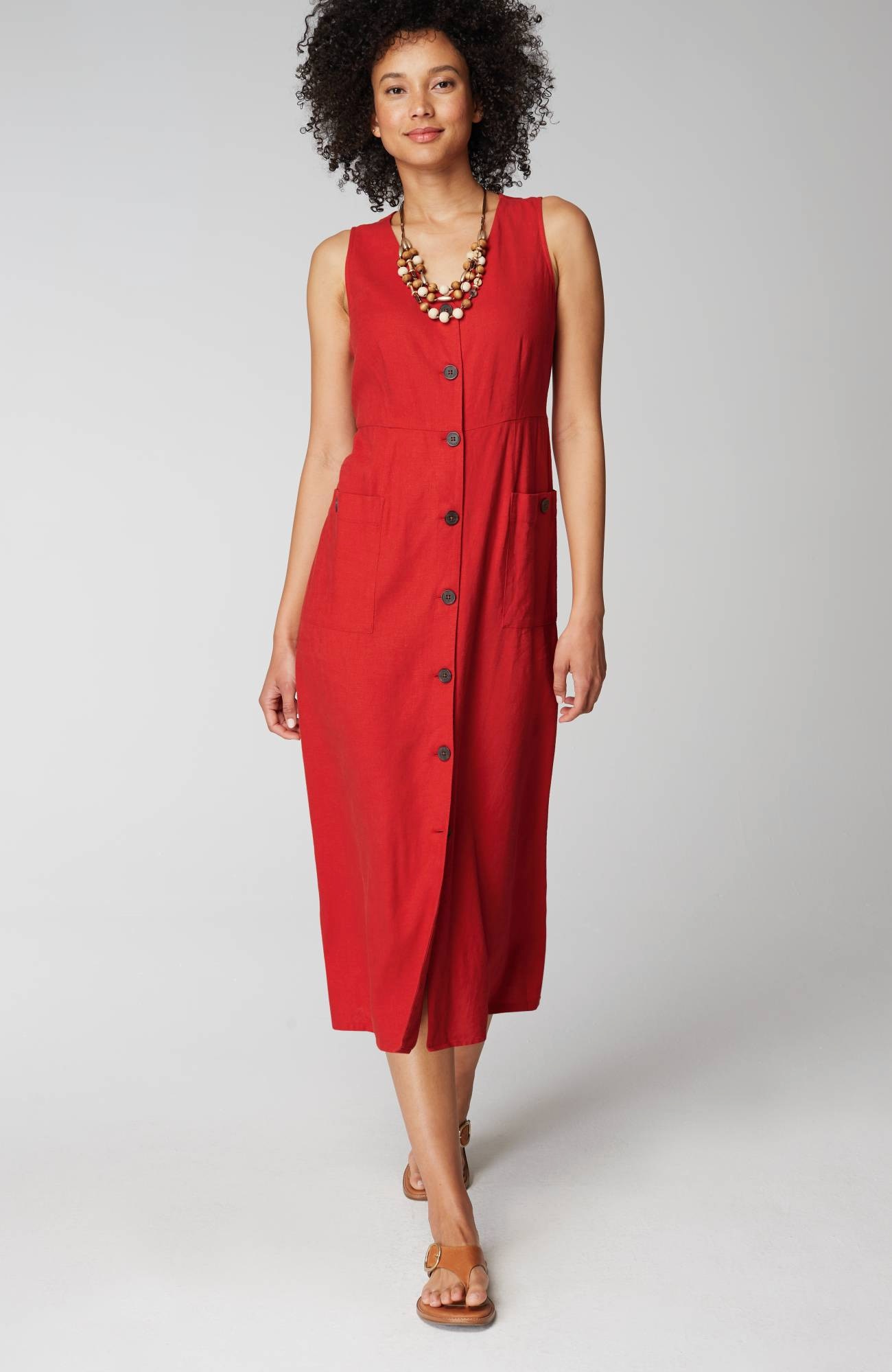Linen-Blend V-Neck Button-Front Dress