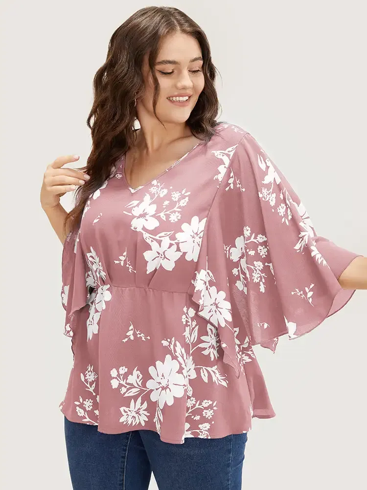Floral Printed Plicated Detail Flutter Sleeve Blouse