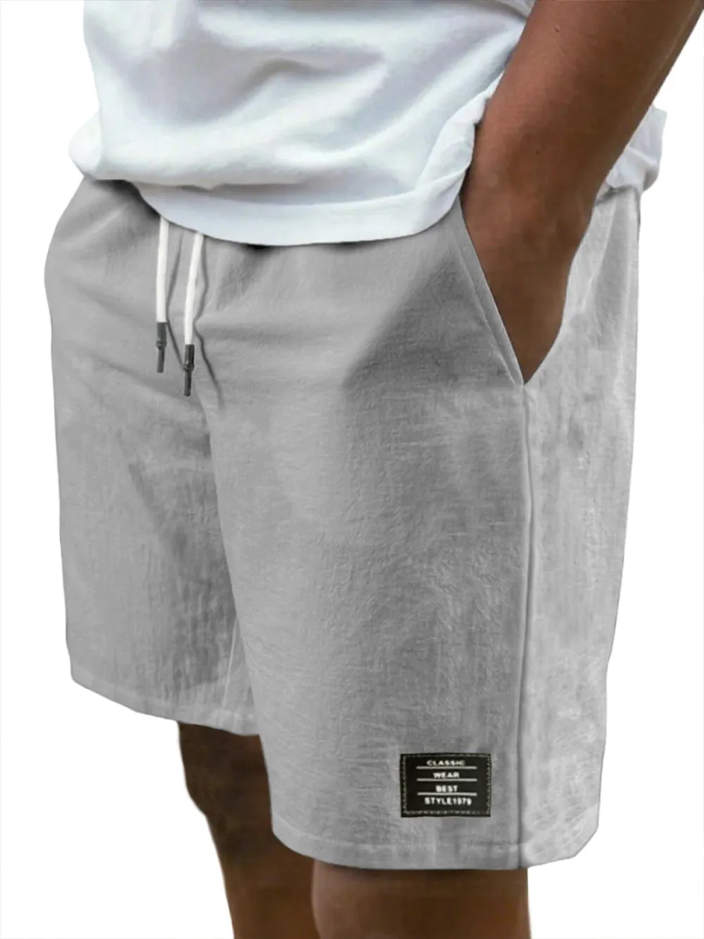 Men's Breathable Linen Beach Lace-Up Everyday Shorts with Simple Embroidered Label