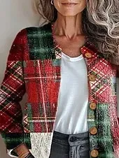 Women's Cardigan Fashion Daily Casual Graphic Plaid Ribbed Crew Neck V Neck Buttons Print Long Sleeve Regular Tops Knit Outdoor Daily Date Red Fall Winter