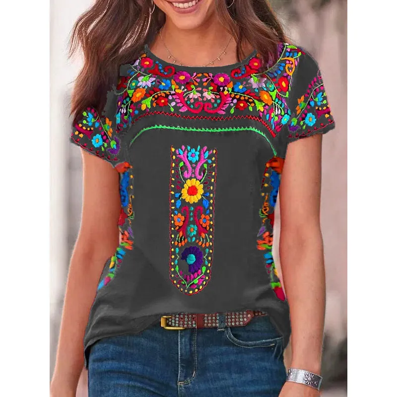 Summer new women's boho round neck short sleeve top