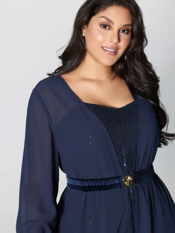 Two-Piece Belted Stretchy Midi Dress