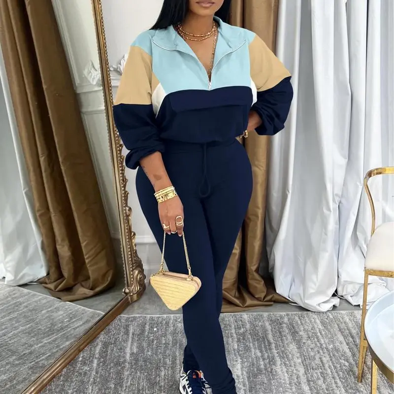 Women's Two - Piece Knit Tracksuit: Zip Jacket & Elastic Waist Pant, Pink - Blue Colorblock