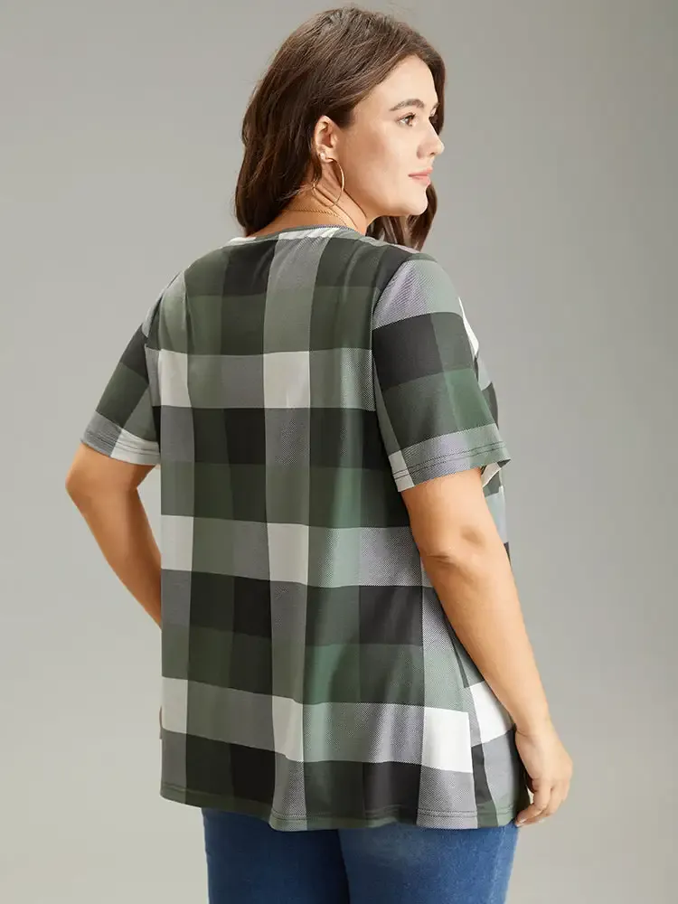 Plaid Round Neck Gathered T-Shirt
