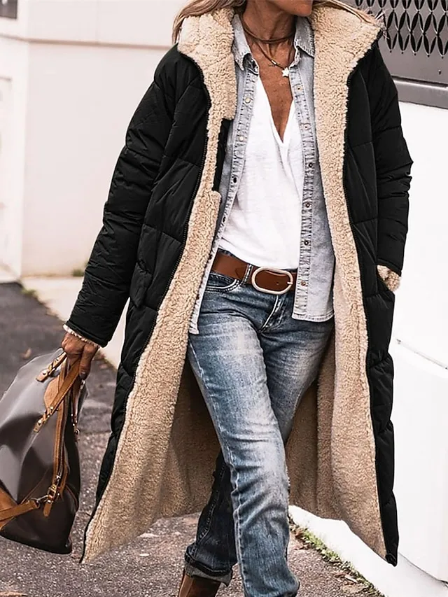 Women's Long Puffer Jacket Winter Fleece Parka  Reversible Thermal Warm Windproof Winter Coat Hooded Jackets