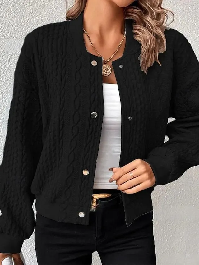 Women's Casual Jacket Dailywear Stand Collar Button Solid Color Warm Fashion Loose Fit Outerwear Long Sleeve