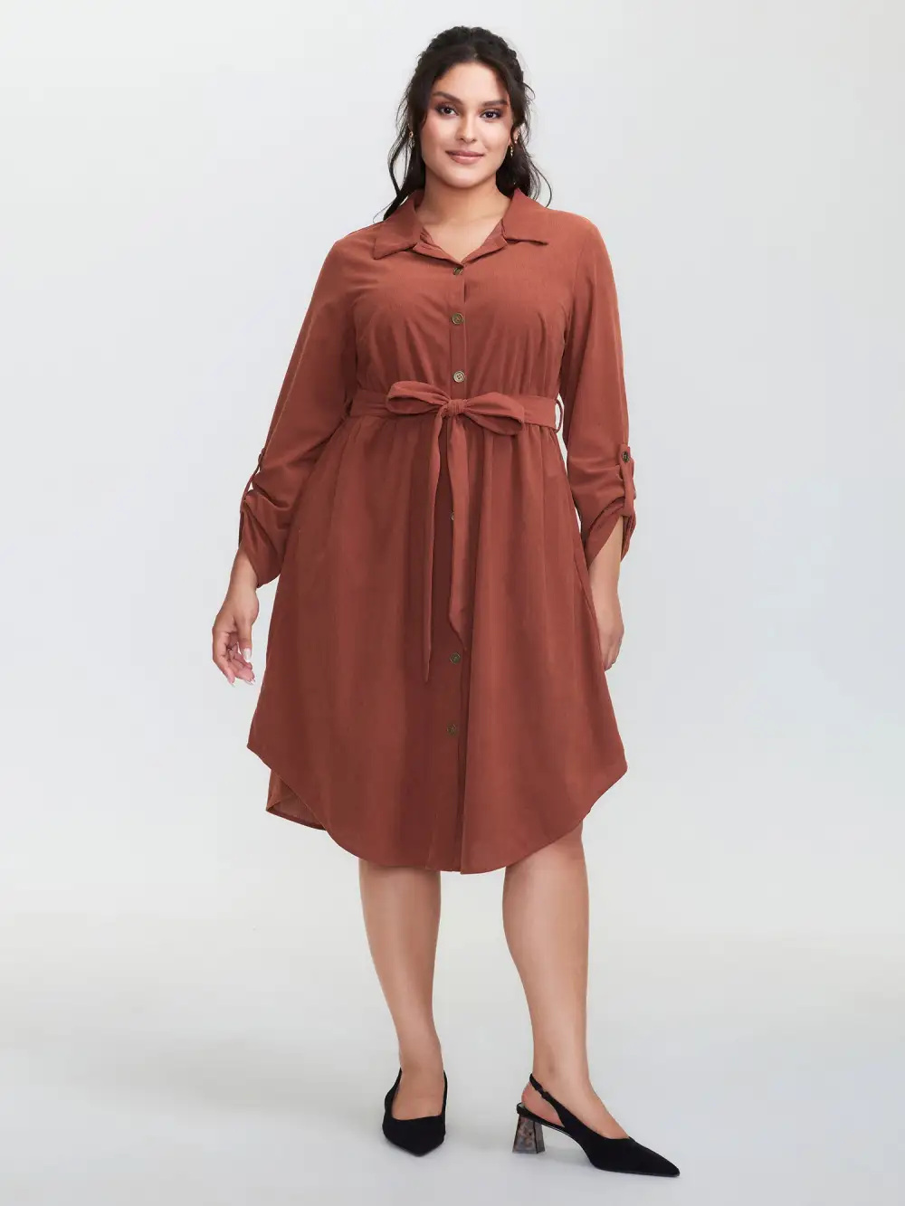 Corduroy Tab Sleeve Belted Midi Dress