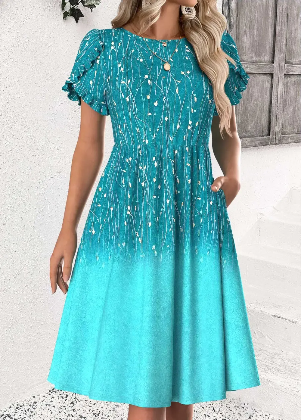 Cyan Ombre Short Sleeve Round Neck Dress