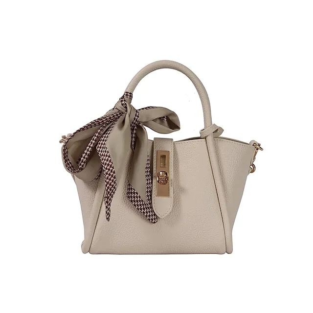 Women's Handbag PU Leather Party Daily Zipper Large Capacity Waterproof Breathable Solid Color Cream white Beige + silk scarf