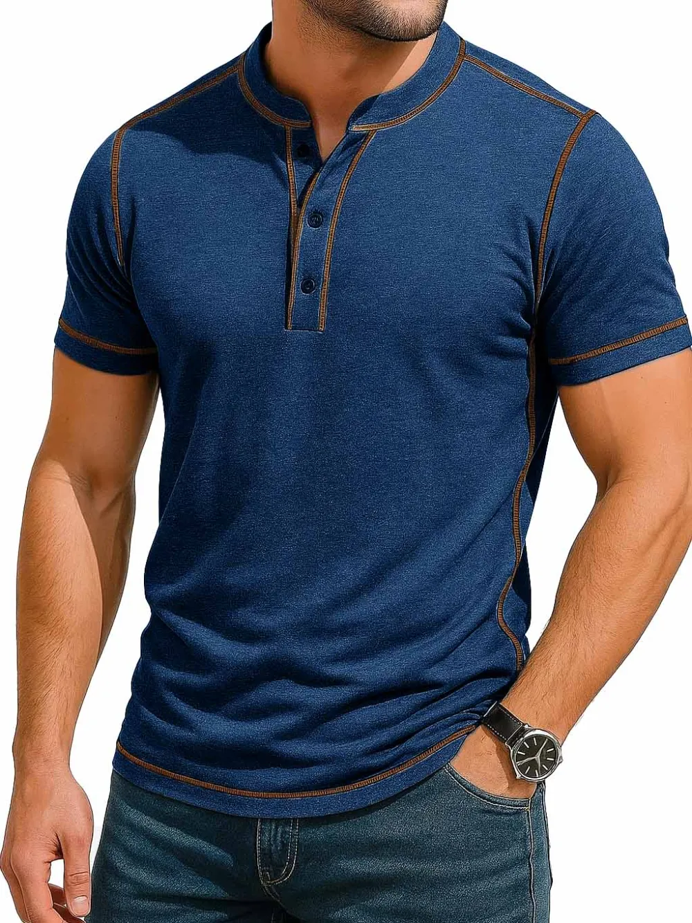 Men's Fashion Retro Contrast Color Line Short Sleeve Henley Shirt 