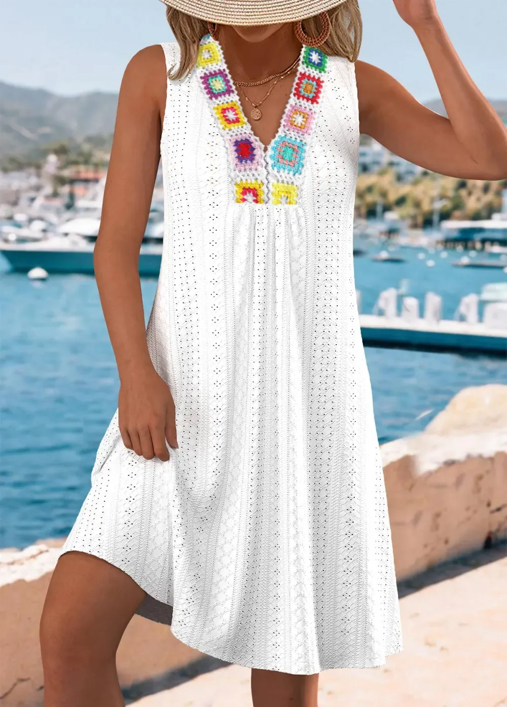 White A Line Sleeveless V Neck Dress