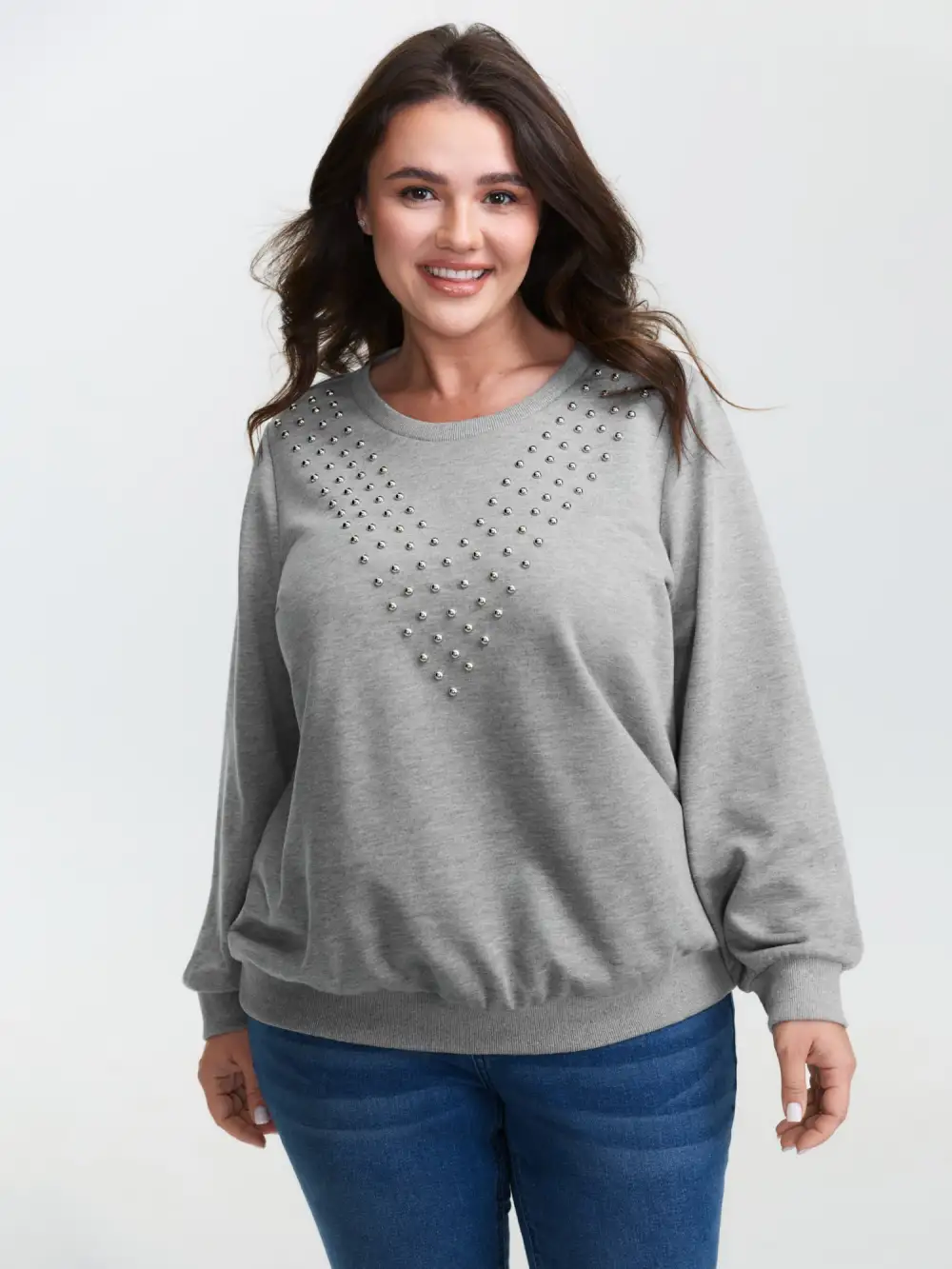 Stretchy Rivet Detail Round Neck Sweatshirt