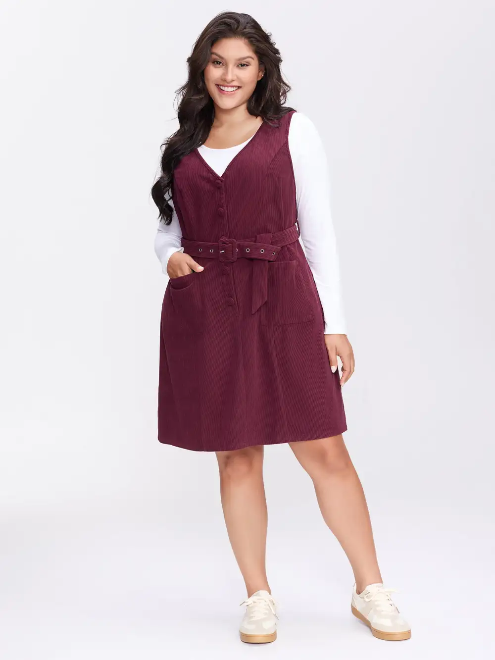 Textured Belted Waist Sleeveless Knee-Length Dress