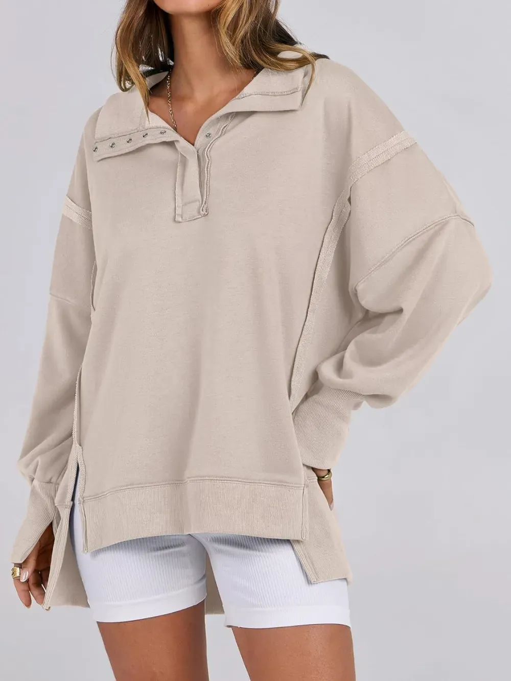 ✨Women's Oversized High Low Split Button Up Henley Pullover Top
