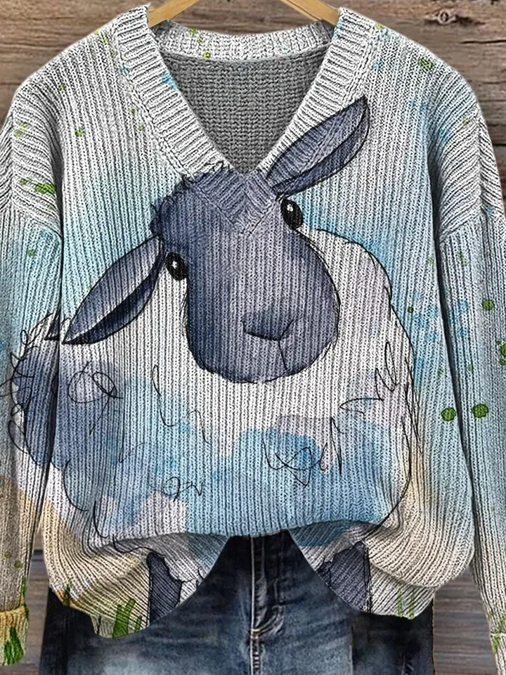 V Neck Ethnic Animal Picture Loose Sweater