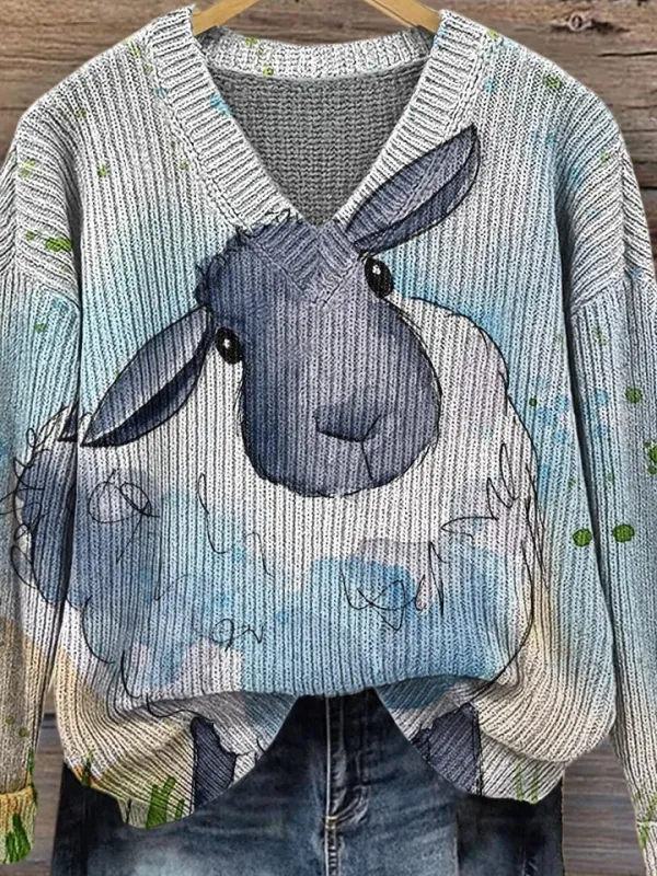 V Neck Ethnic Animal Picture Loose Sweater