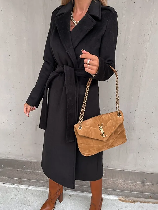 Women's Winter Coat Coat Daily Going out Fall Winter Long Coat Regular Fit Thermal Warm Casual Jacket Long Sleeve Solid Color Lace up Black White Khaki