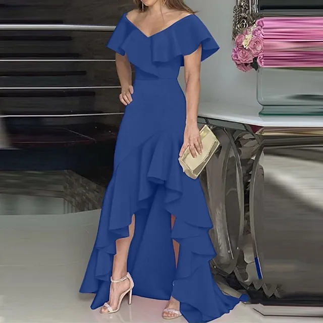 Women's Party Dress Maxi long Dress Green Black Wine Fuchsia Dark Blue Short Sleeve Pure Color Ruffle Plus High Low Fall Spring V Neck Elegant Formal Party 2023 S M L XL XXL 3XL 4XL 5XL