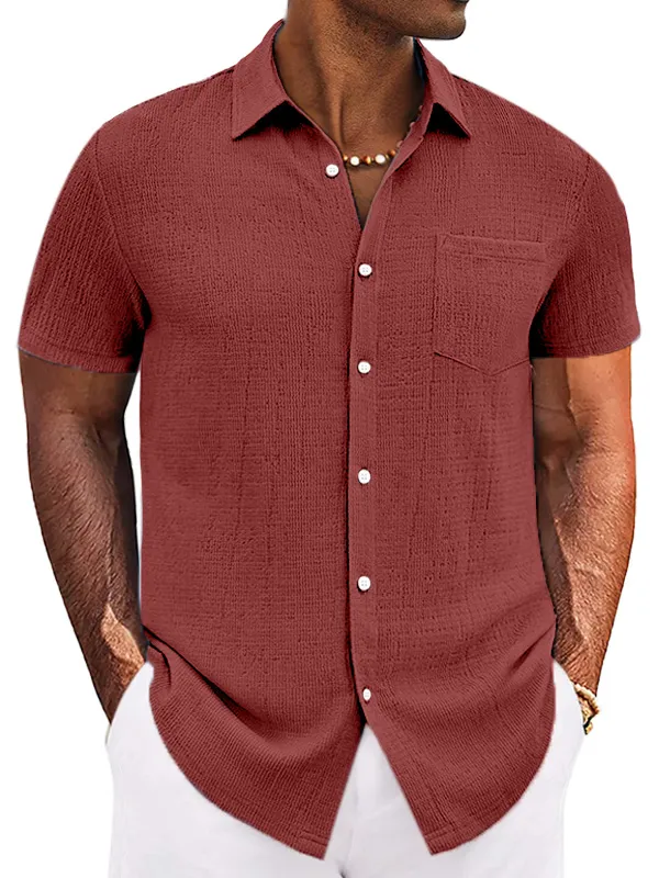 Men's Casual Simple Solid Color Texture Short-sleeved Button-down Shirt