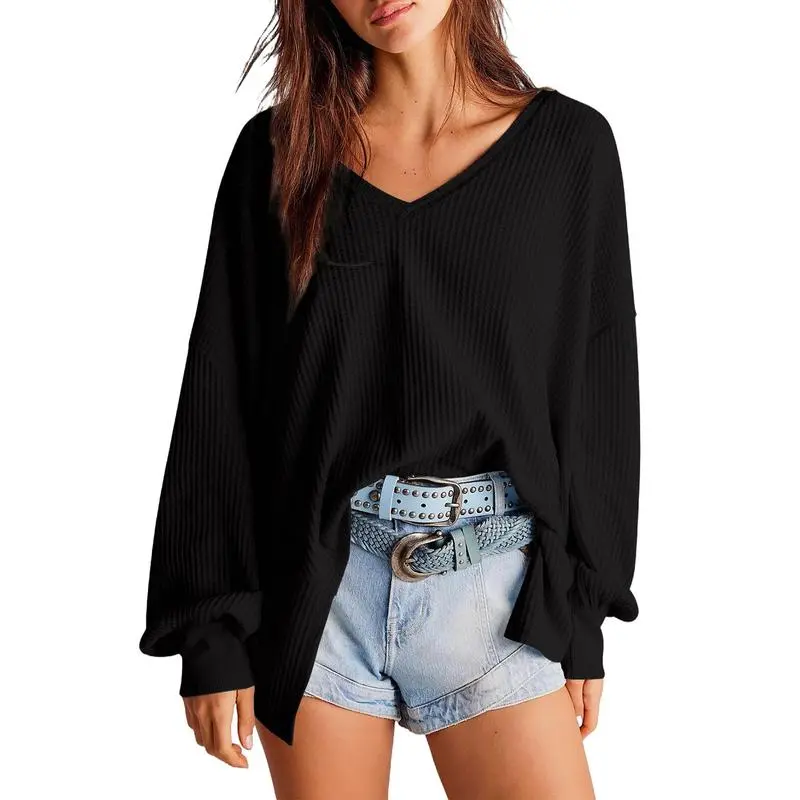 Women's Waffle Knit Top – V-Neck Oversized Lantern Sleeve Blouse
