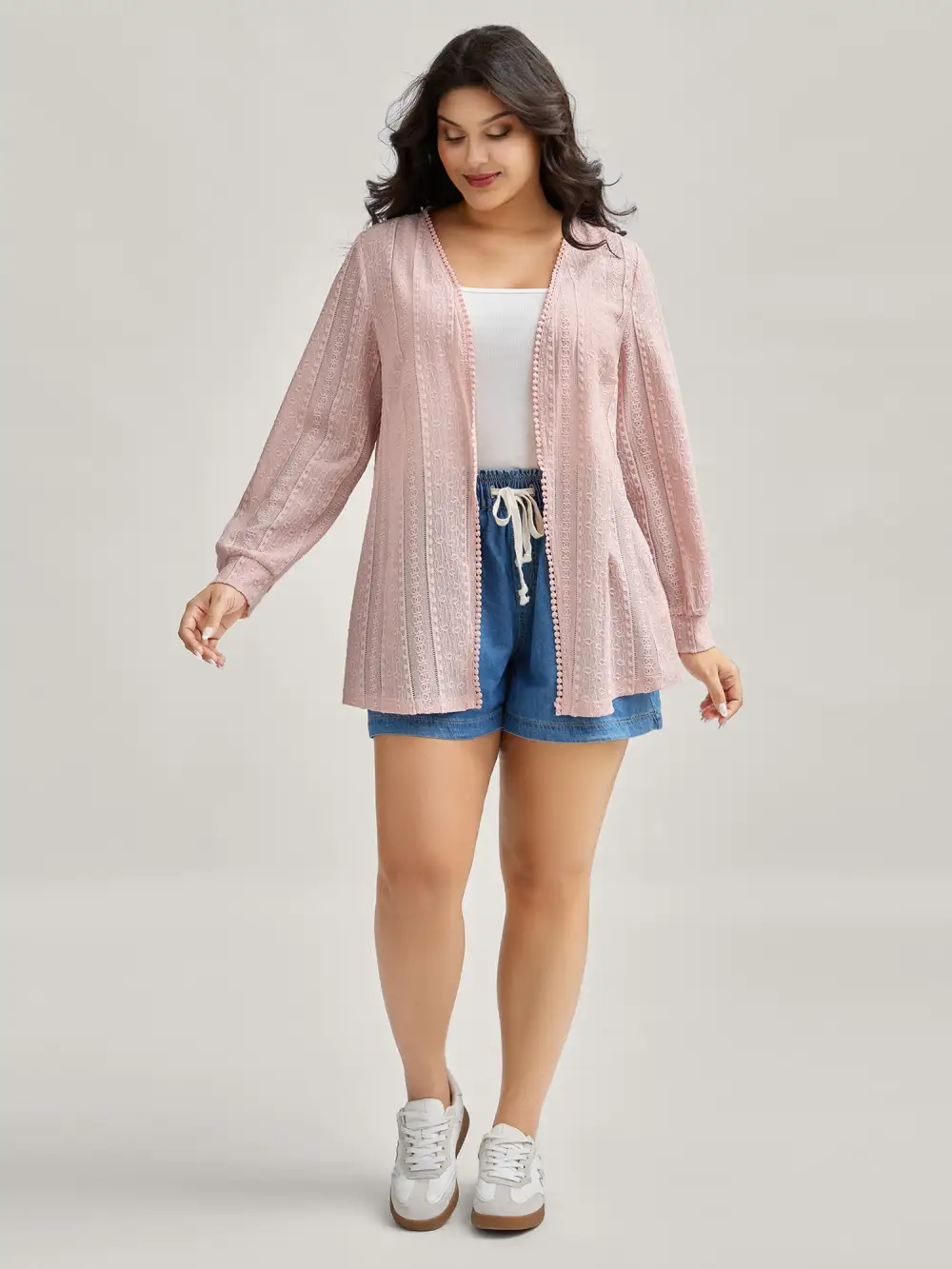 Textured Lace Trim Sheer Kimono Cardigan