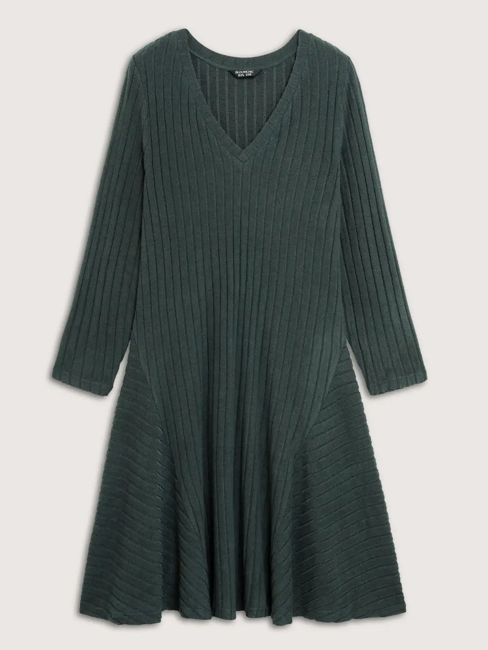 Ribbed Fleece V-Neck Knit Midi Dress