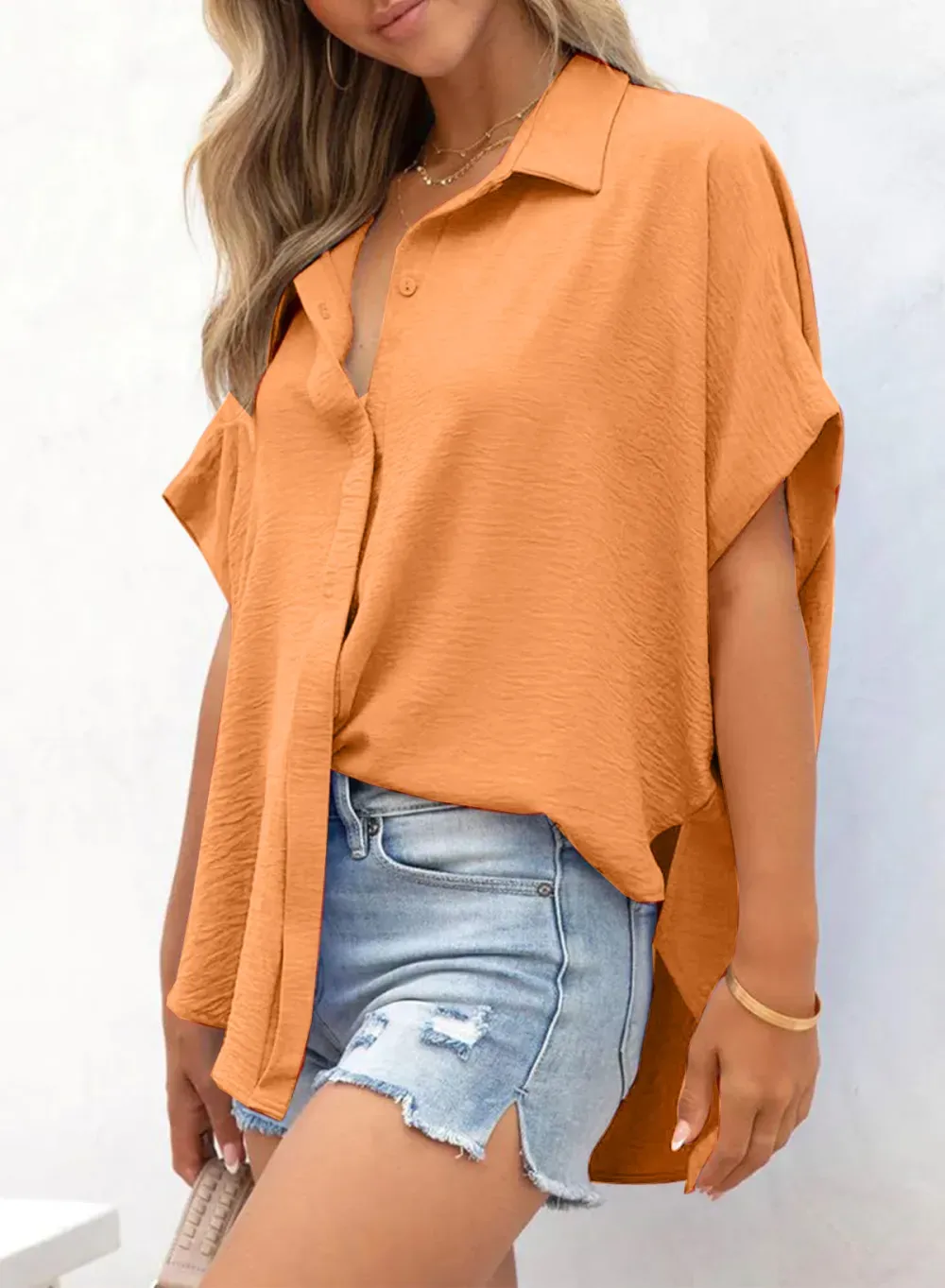 ✨Women's Casual Button Short Sleeve Slit Hem Shirt Solid Color Tops