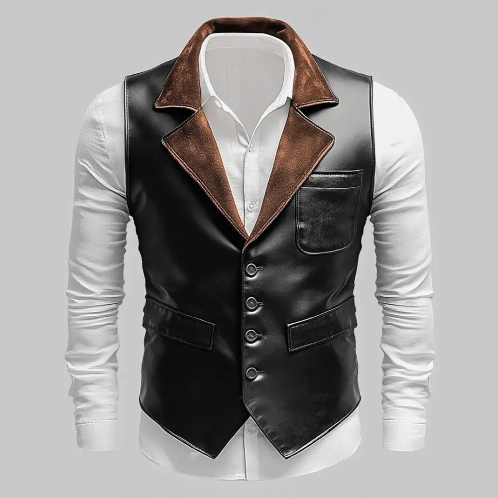Men's PU Leather Contrast Notch Lapel Single Breasted Chest Pocket Vest