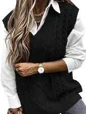Women's Sweater Sweater Vest Streetwear Casual Solid Color Cable V Neck Knitted Sleeveless Regular Tops Knit Daily Holiday Weekend Wine Red Black Spring Fall