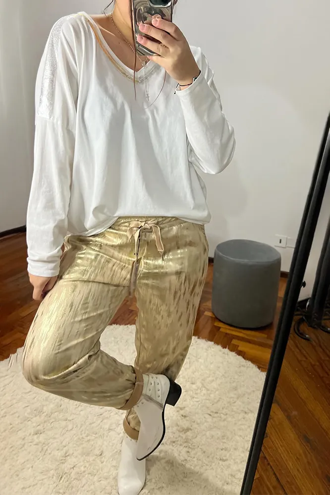 Women's V-neck Top and Gold Plated Pants 2-Piece Set