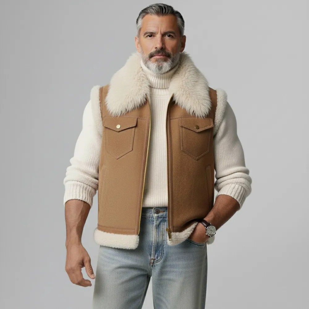 Men's Light Brown Plush Collar Chest Flap Pockets Zip Up Suede Vest