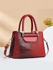 Elegant Croc-Embossed Faux Leather Handbag – Stylish Top Handle Purse with Detachable Shoulder Strap, Luxury Tote Bag for Women, Perfect for Work, Parties & Formal Events Black Pink Red