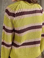 Women's Sweater Pullover Fashion Streetwear Striped Cable Crew Neck Knitted Long Sleeve Regular Tops Knit Holiday Going out Weekend Yellow Purple Fall Winter