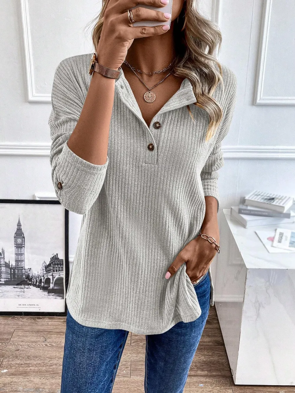 Women's Half Button Long Sleeve Tee Drop Shoulder Rib Knit T Shirt Tops