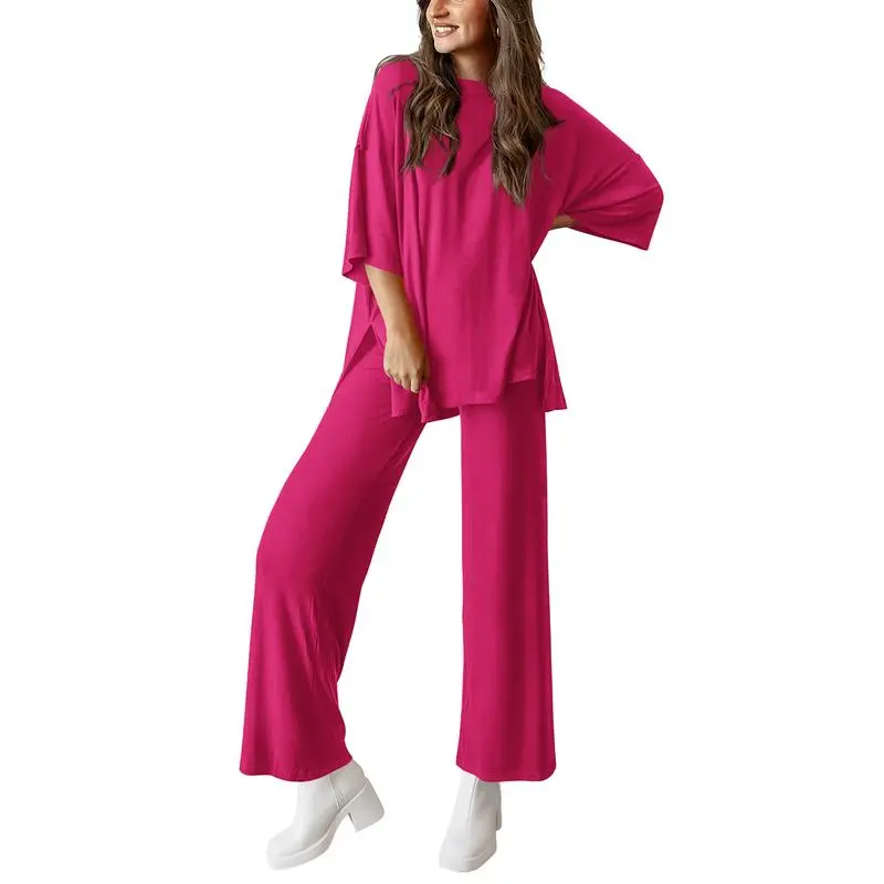 Women's 2-Piece Lounge Set – Short Sleeve Top & Split Hem Wide Leg Pants