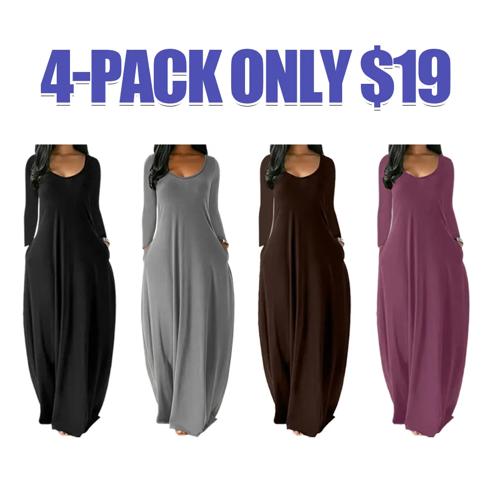 Women's Solid Color Pocket Lounge Dress, Casual Comfy Long Sleeve Dress for Daily Wear, Ladies Sleepwear Loungewear for All Seasons