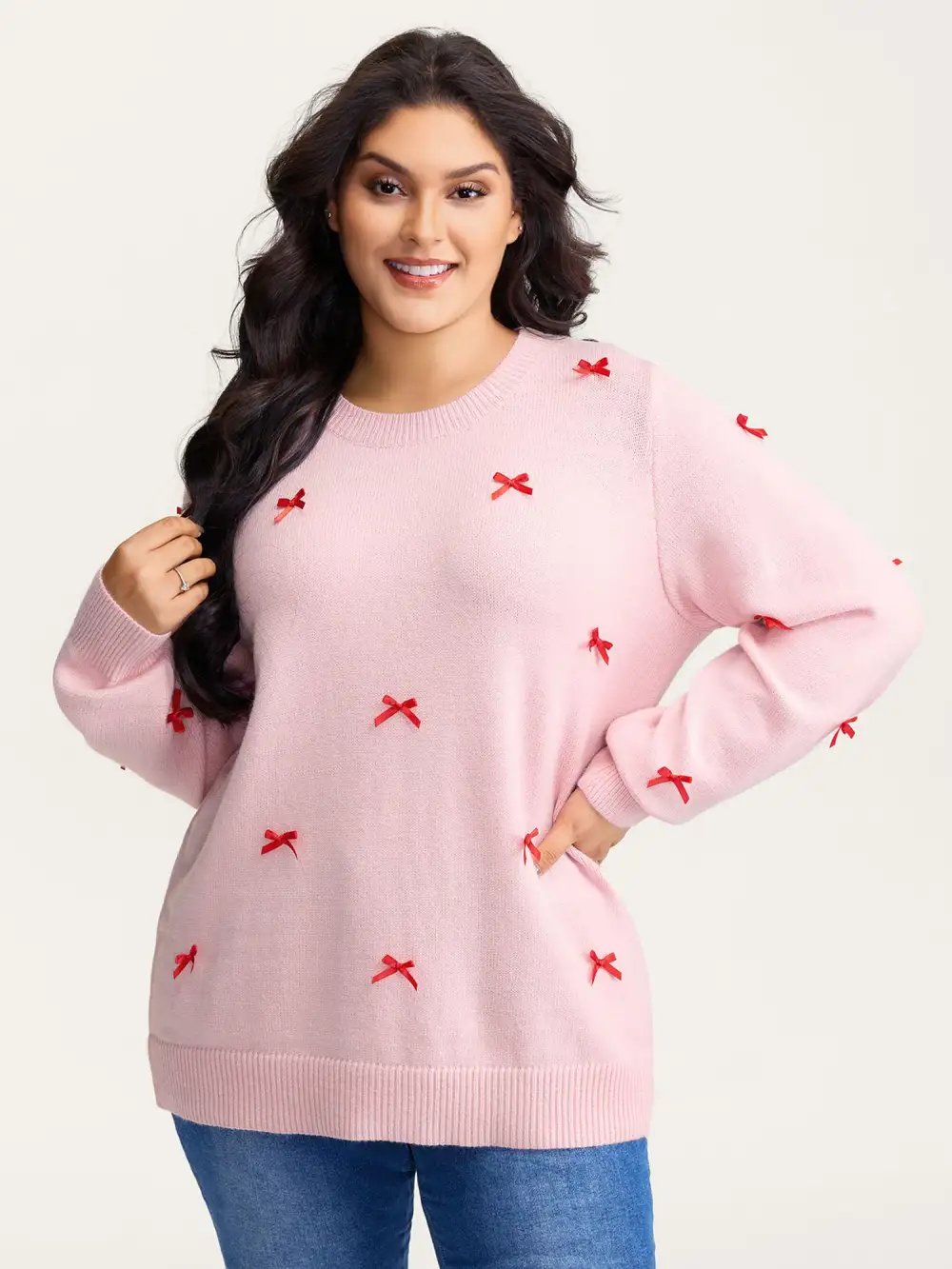 Bowknot Detail Ribbed Hem Pullover