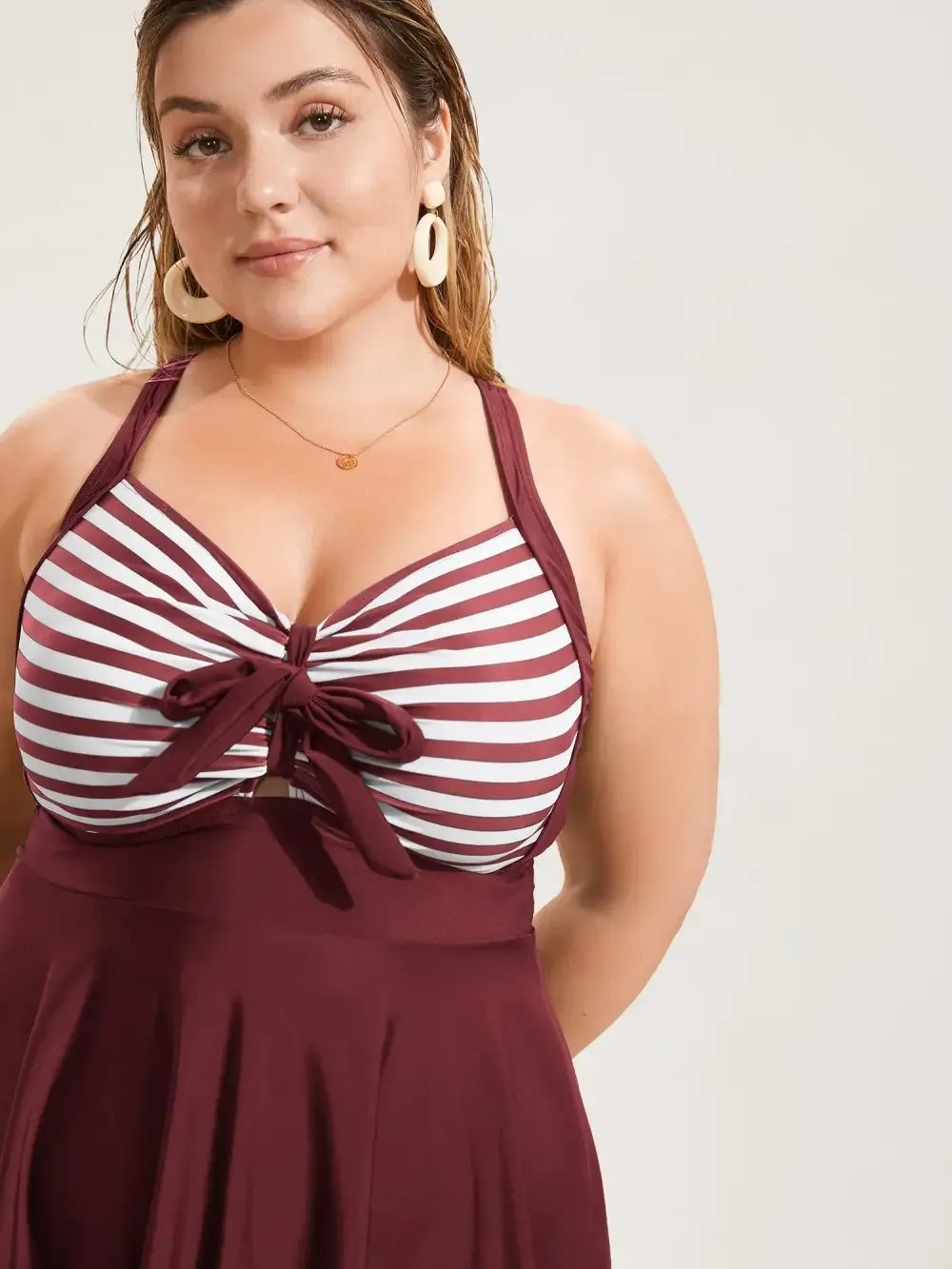 Stripes Patchwork Tie Knot Cross Straps Swim Dress