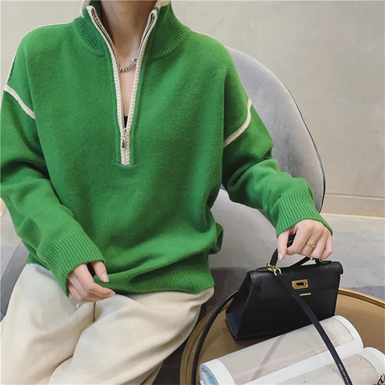 Stand Collar Zip Colorblock Loose Fashion Sweater