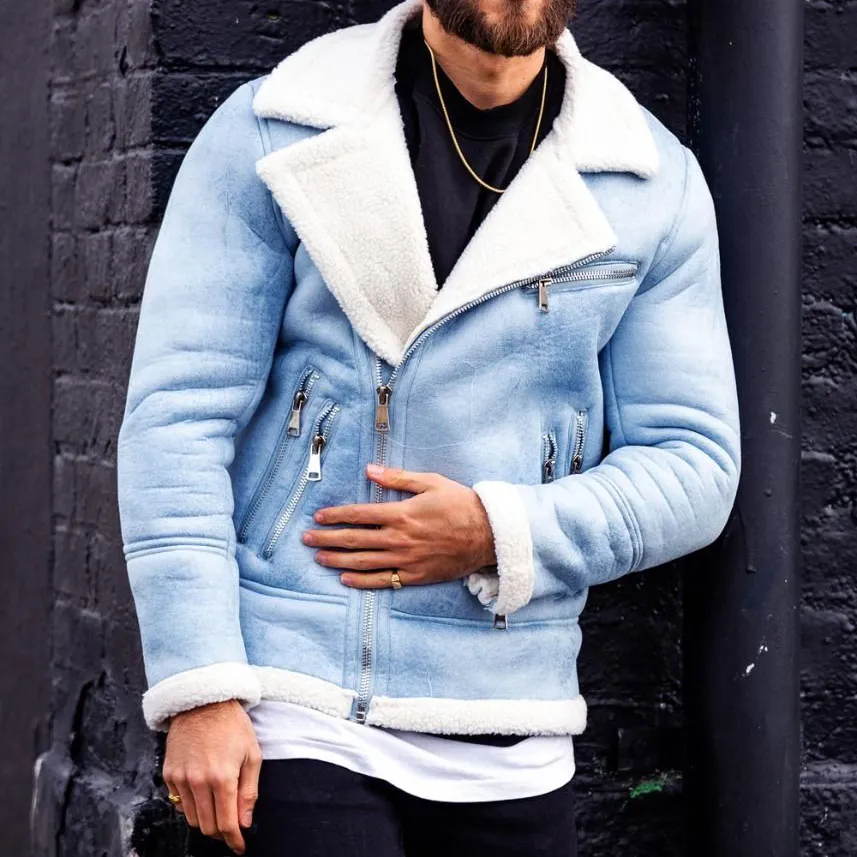 Heavy Cashmere Motorcycle Leather Jacket Light Blue