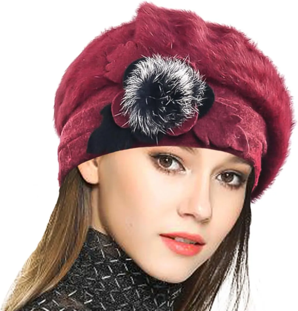 Lady French Beret 100% Wool Beret Floral Dress Beanie Winter Hat