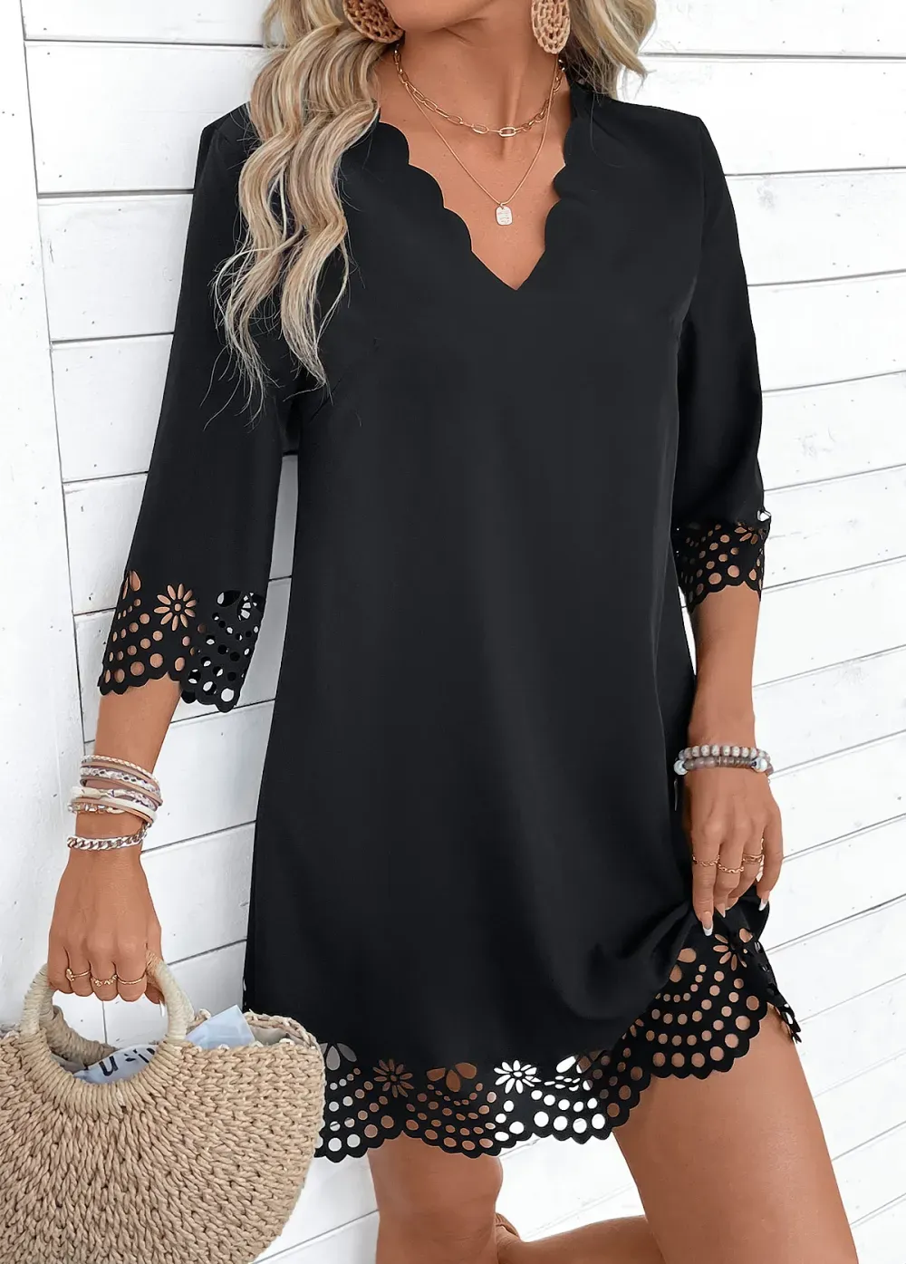 Black A Line 3/4 Sleeve V Neck Dress