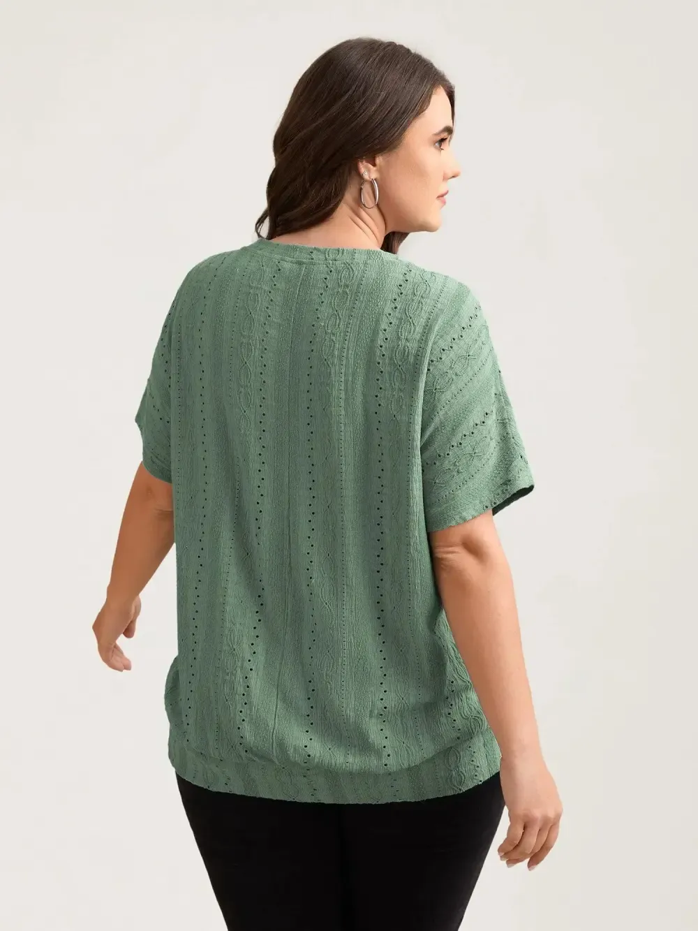 Eyelet Trim Stretchy Textured Plain Top