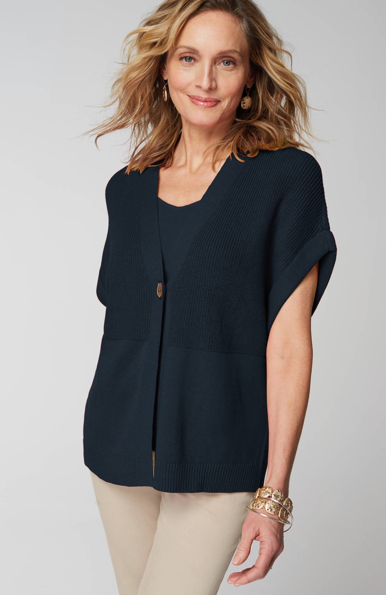 Ribbed-Detail Short-Sleeve Cardi