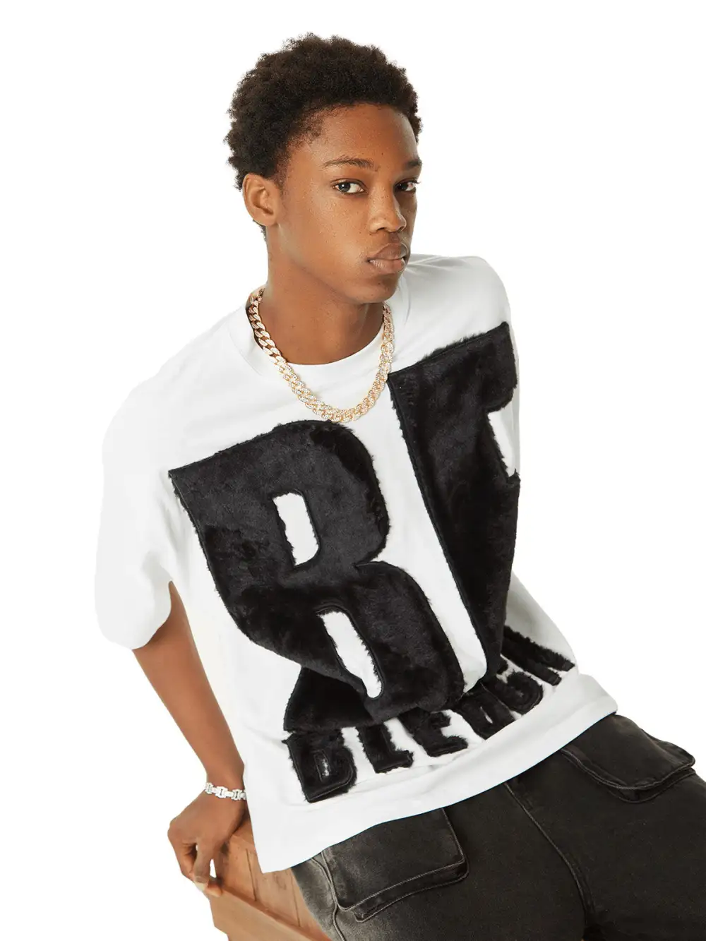 Suede Embroidered Letters Street Rap T-shirt - 2047