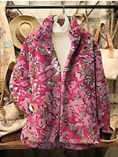 Women's Winter Coat Sherpa Jacket Comfortable Breathable Print Casual Floral Vacation Street Casual Daily Wear Zipper Regular Turndown Loose Fit Long Sleeve Outerwear Pink Wine Navy Blue Spring Fall