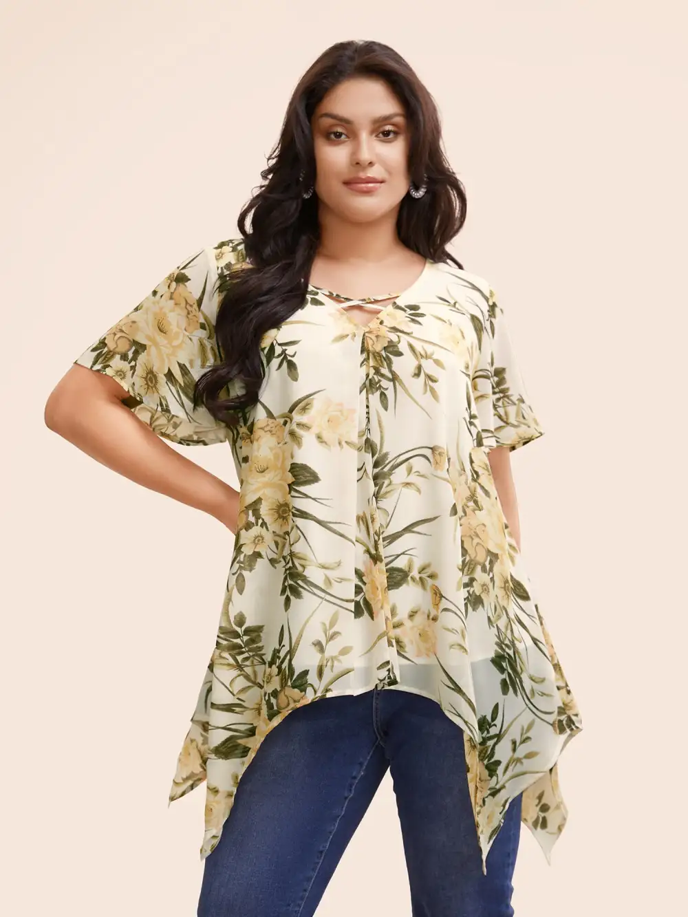 Chiffon Floral Crisscross Hanky Hem Blouse
